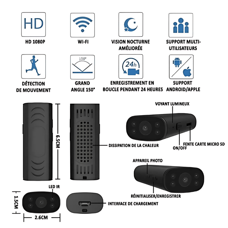 High Tech France™ Mini caméra de surveillance sans fil