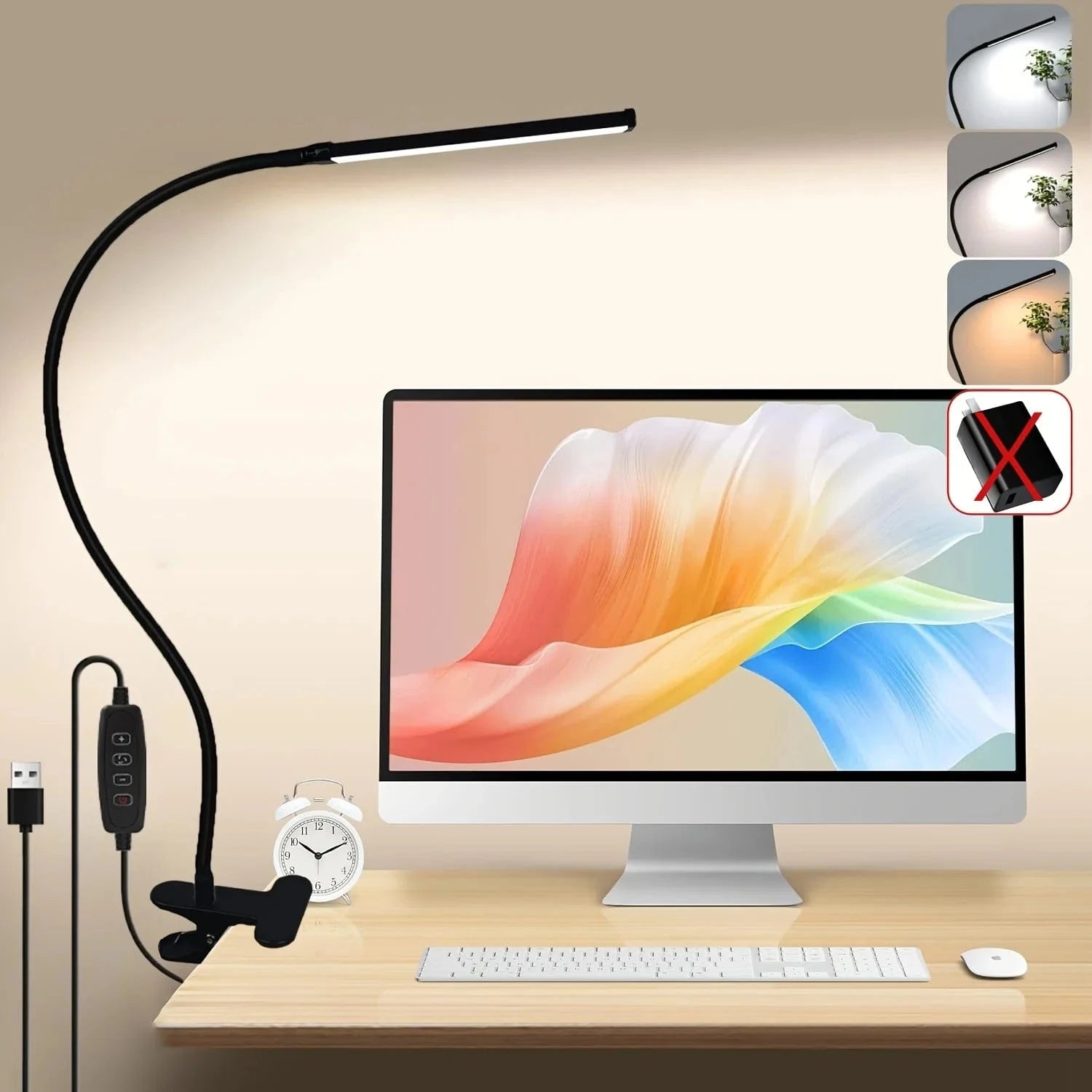 High Tech France 10W LED Desk Lamp with Clamp Dimmable Clip On Reading Light 10 Brightness Level 3 Lighting Modes Flexible Study Table Lamp USB