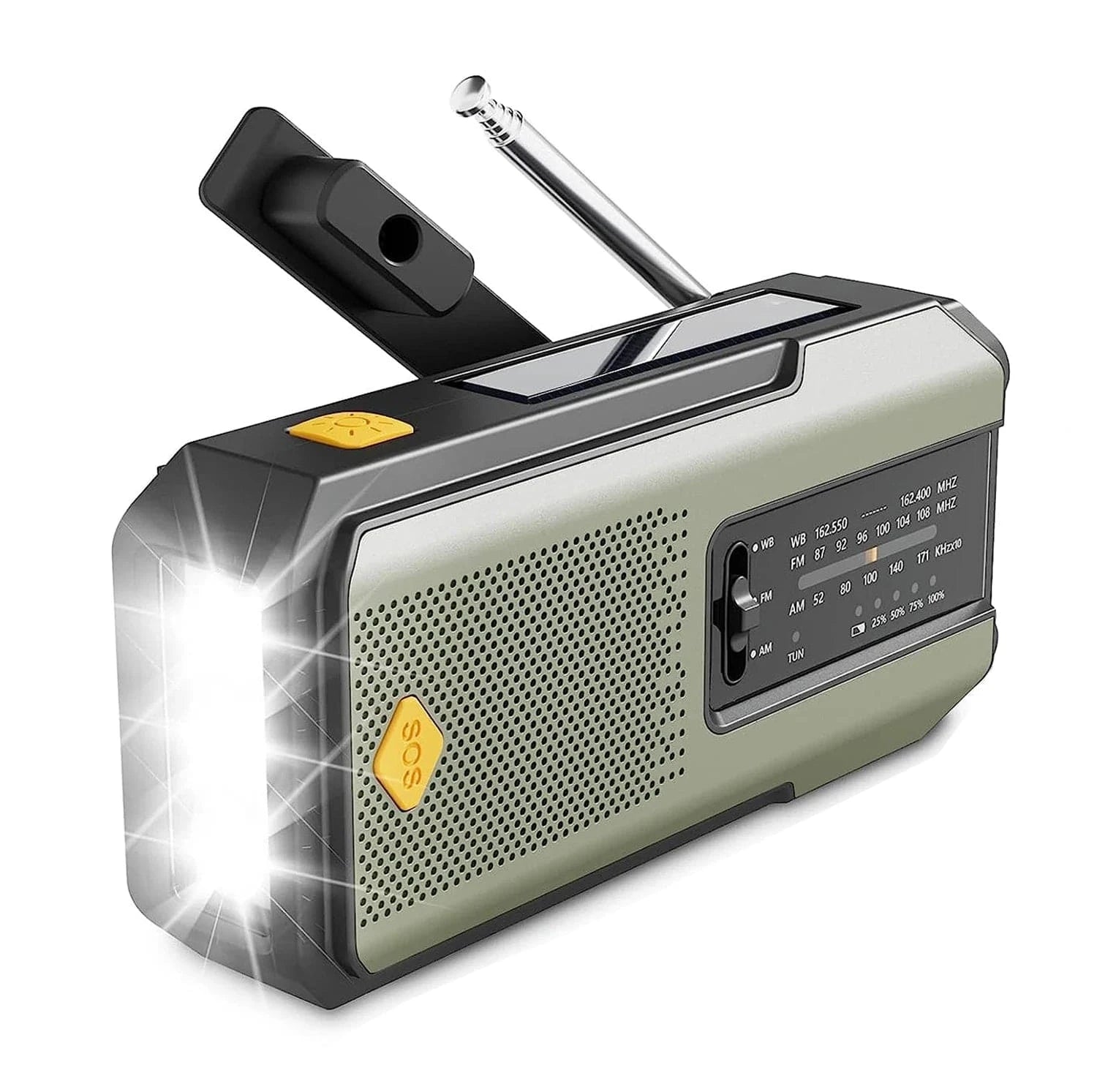 High Tech France Military Green / CN Emergency NOAA Weather Radio,Portable Hand Crank Radio,Solar Powered,AM/FM,SOS Alarm,Flashlight 2000mAh Rechargeable Power Bank