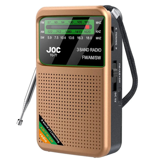 High Tech France TG77 Golden Portable Pocket Radio AM/FM/SW 3-Band Mini Portable Radio For Running Walking,Support Earphone Rechargeable Radio FM Receiver