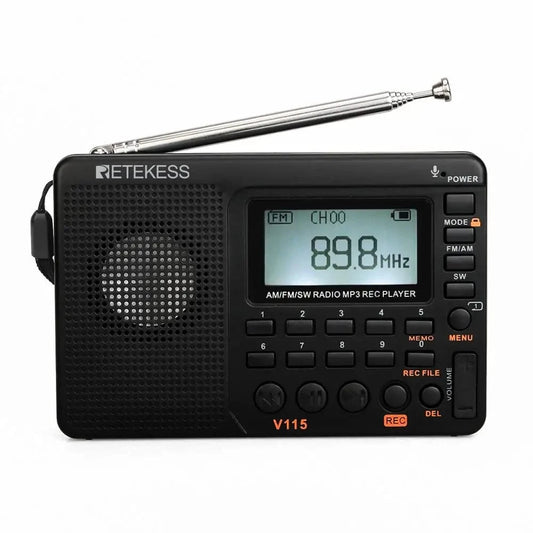 High Tech France V115 RETEKESS V115 Radio FM AM SW Portable Radios Rechargeable  Radio Batteries multiple bands  USB Recorder Speaker for Elders TX32
