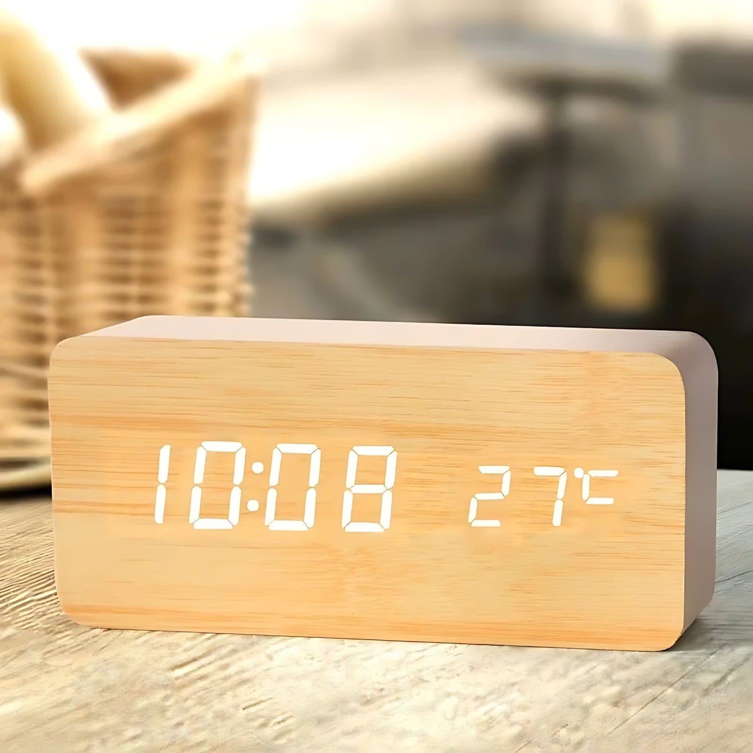High Tech France Réveil bois LED naturel