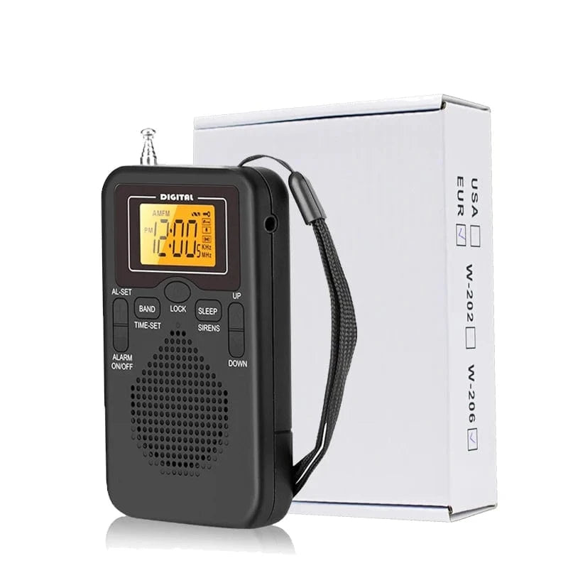 High Tech France W206-BK W-206 FM/AM Radio Portable Battery by 2 AA ,Stereo Earphone, LCD Display Digital Alarm Clock sleep,Morning/AM indicator